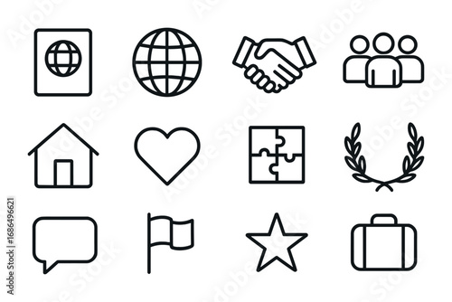 Refugee Inclusion Icons. Outline icon set of refugee inclusion: passport, globe, handshake, group, house,