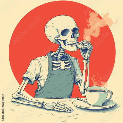 A relaxed skeleton character wearing an apron and savoring a hot cup of coffee. A humorous vintage cartoon mascot illustration. , vector style simple color