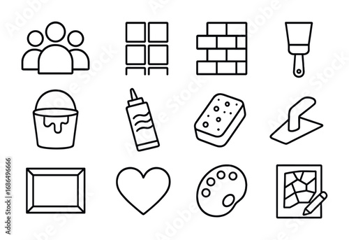 Community Mosaic Icon Set. Outline icon set of community mosaic project: group, tiles, wall, brush, bucket,