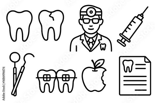 Dentist and Dental Care Outline Icon Set with Teeth, Dentist, Syringe, Prescription and Dental Tools for Medical Banners, Infographics, Health Articles, and Educational Design
