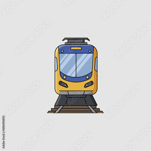A front view illustration of a modern, yellow and blue commuter train with large windows, resting on railroad tracks against a plain gray background.