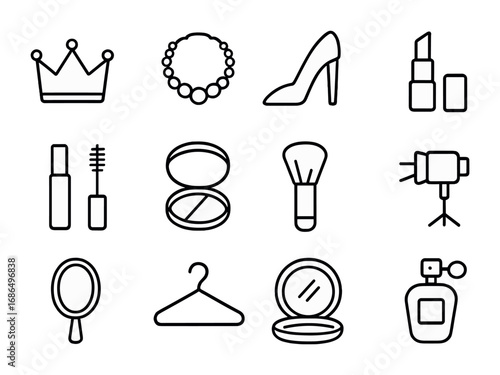 Glamorous Icon Set. Outline icon set of glamorous looks: crown, necklace, high heel, lipstick, mascara, blush,