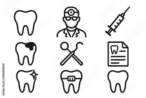 Dentist related simple symbol set with tooth icons, doctor, syringe, prescription illustration for medical banners, dental infographics, healthcare books, articles, and design vectors
