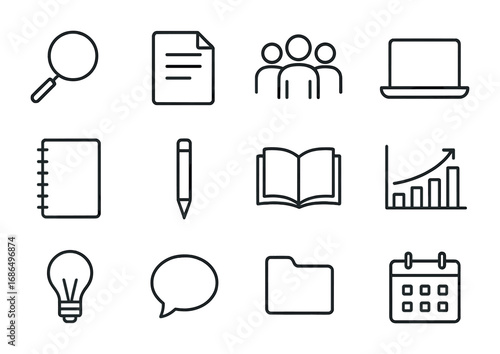 Research Icon Set. Outline icon set of research study groups: magnifying glass, document, student group,