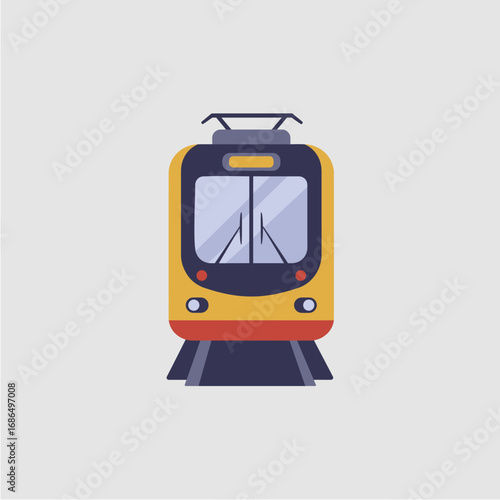 A stylized, front-facing illustration of a modern yellow and red commuter train with visible pantograph on a light gray background.