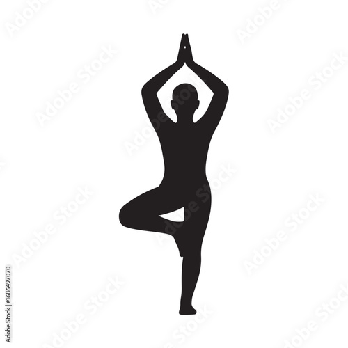 Silhouette of a person performing a yoga tree pose on a white background