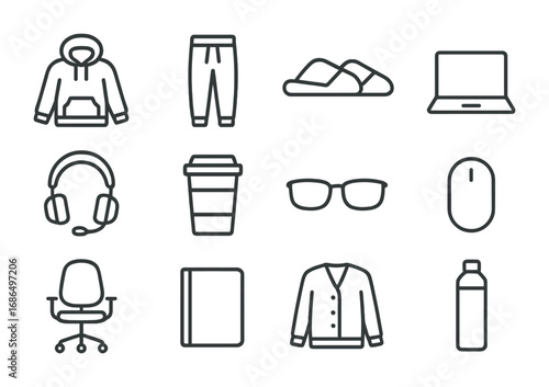 Remote Work Essentials. Outline icon set of remote work essentials: hoodie, joggers, slippers, laptop, headset