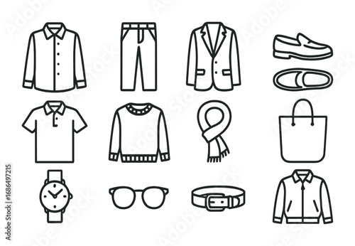 Professional Outfit Icons. Outline icon set of professional yet comfy looks: button-up shirt, chinos, blazer,