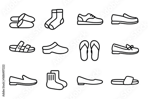 Footwear Outline Icons. Outline icon set of work-from-home footwear: slippers, socks, sneakers, loafers,