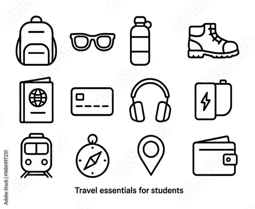 Student Travel Essentials. Outline icon set of travel essentials for students: backpack, sunglasses, water