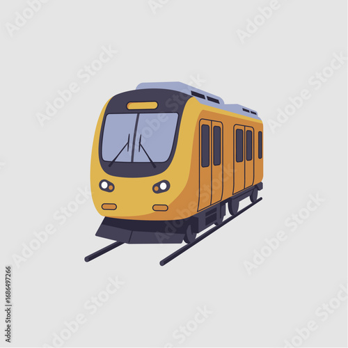 A modern yellow subway train or metro car on railroad tracks, shown in a clean vector illustration style.