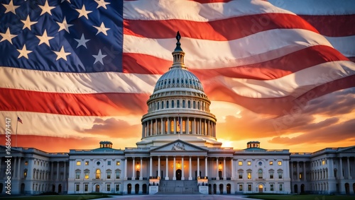 Patriotic display of the American flag waving over the US Capitol Building during a spectacular golden hour sunset
