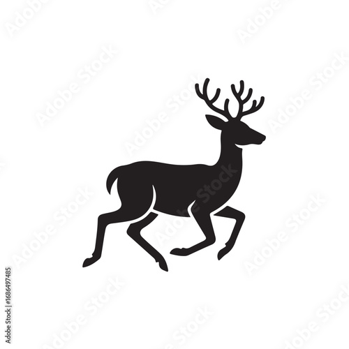 Silhouette of a running deer with antlers on a white background