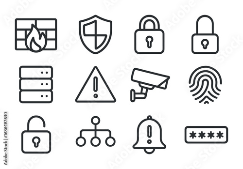 Cybersecurity Icon Set. Outline icon set of cybersecurity for critical infrastructure: firewall, shield, lock,