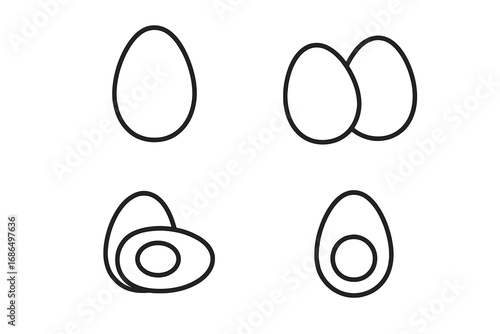Eggs Outline Icon Set with Editable Stroke for Infographics, Articles, Books, Flyers, Banners - Vector Cartoon Style Transparent Background Collection of Whole and Halved Eggs