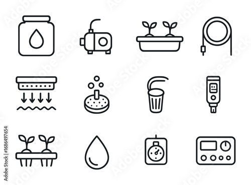 Hydroponic Gardening Icons. Outline icon set of hydroponic gardening: nutrient tank, water pump, grow tray,