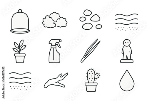 Terrarium Icon Collection. Outline icon set of terrarium gardening: glass dome, moss, small stones, sand layer