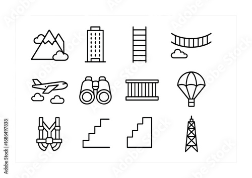 Fear of Heights Icons. Outline icon set of fear of heights: mountain, tall building, ladder, rope bridge,