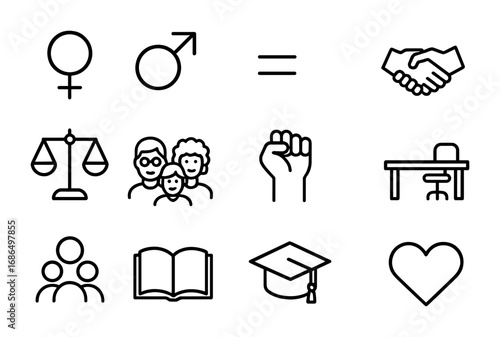 Gender Equality Icons. Outline icon set of gender equality: female symbol, male symbol, equal sign, handshake,
