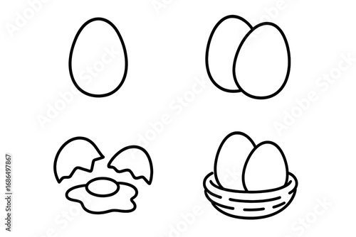 Eggs Outline Icon Collection, Editable Stroke Vector Illustrations with Cartoons, Broken and Whole Egg Signs for Infographics, Articles, Books, Flyers, and Banners Design