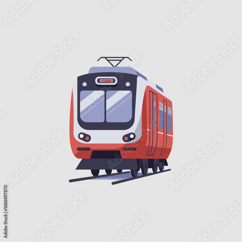 A modern, red and white passenger train with large windows is depicted on a railway track against a neutral gray background.