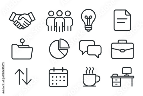 Teamwork Culture Icons. Outline icon set of teamwork culture: handshake, group of people, lightbulb, document,