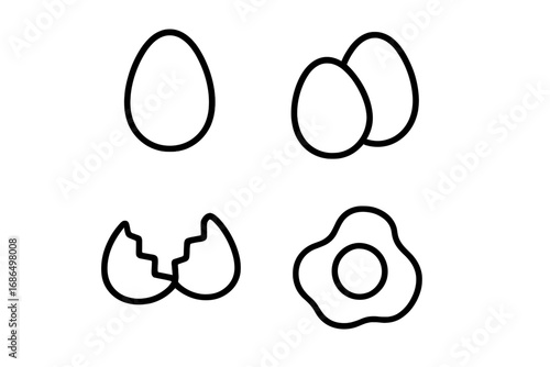 Eggs vector icon collection with simple editable stroke, cartoon style egg set including whole egg, multiple eggs, cracked shell, and fried egg for infographics, articles, books, flyers, banners