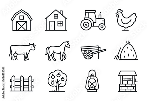 Rural Life Icon Set. Outline icon set of rural lifestyle: barn, farmhouse, tractor, chicken, cow, horse,