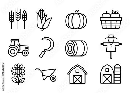 Harvest Season Icons. Outline icon set of harvest season: wheat stalks, corn cob, pumpkin, apple basket,