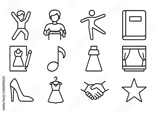 Fashion Dance Icons. Outline icon set of fashion dance collaborations: choreographer, designer, dancer,