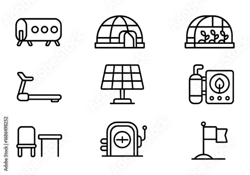 Space Habitats Icons. Outline icon set of space habitats: inflatable module, habitat dome, sleeping pod,