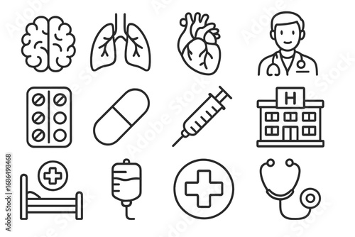 Hospital icon bundle with medical organs, doctor, pills, syringe, clinic, healthcare symbols for app design, web, cards, posts, and medical projects, vector cartoon style