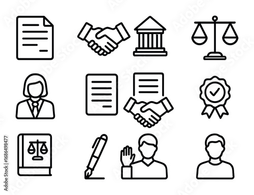 Civil Law Icons. Outline icon set of civil law: contract, handshake, courthouse, balance scales, lawyer,