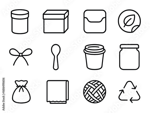 Biodegradable Packaging Icons. Outline icon set of biodegradable packaging: paper tube, kraft box, cardboard