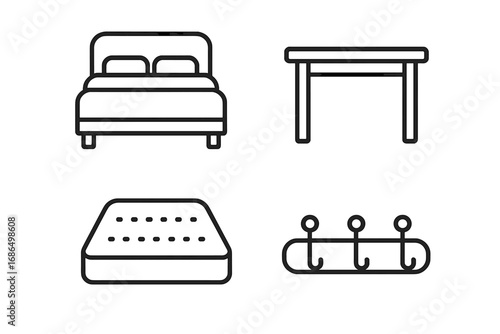 Furniture Outline Simple Icons Bundle with Bed, Table, Mattress, Coat Hook for Card, Post, App, Website Design, Vector Cartoon Style, Home, Interior, Minimalist Symbols
