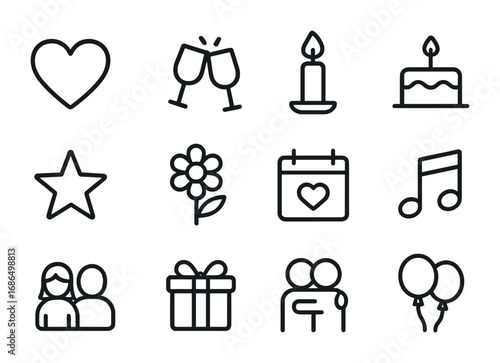 Anniversary Icons Collection. Outline icon set of anniversary parties: heart, clinking glasses, candle, cake,