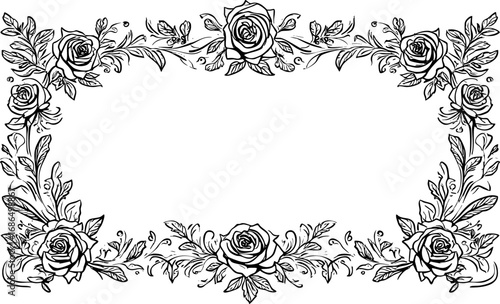 Floral Border Dividers with Ornate Roses and Leaves Line Art