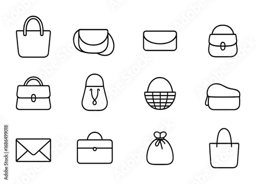 Spring Handbag Icons. Outline icon set of spring handbags: tote bag, crossbody, clutch, mini backpack, satchel