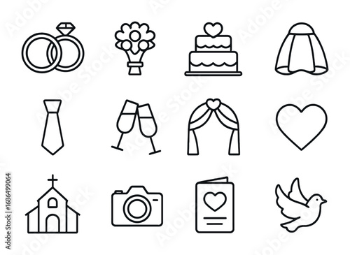 Wedding Icons Set. Outline icon set of wedding family gatherings: wedding rings, bouquet, wedding cake, bride