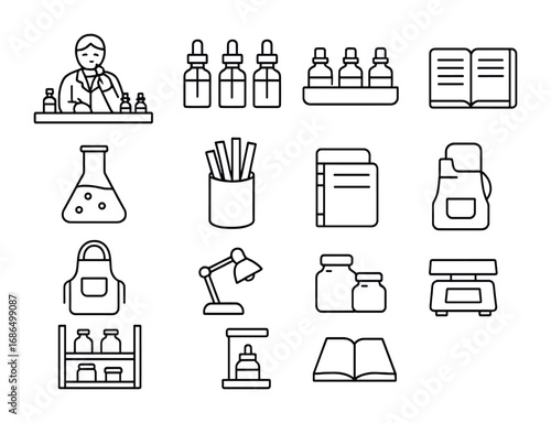Perfume Workshop Icons. Outline icon set of perfume workshop: perfumer at desk, blending bottles, essential