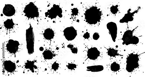 Set of Black Ink Splatter and Paint Blot Elements