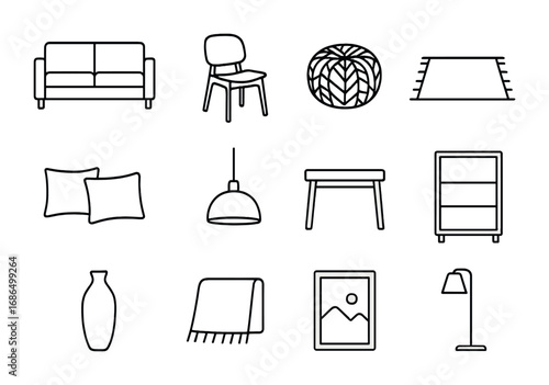 Scandinavian Living Room Icons. Outline icon set of Scandinavian living room style: minimalist sofa, wooden