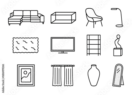 Modern Living Room Icons. Outline icon set of contemporary living room style: sectional sofa, glass coffee