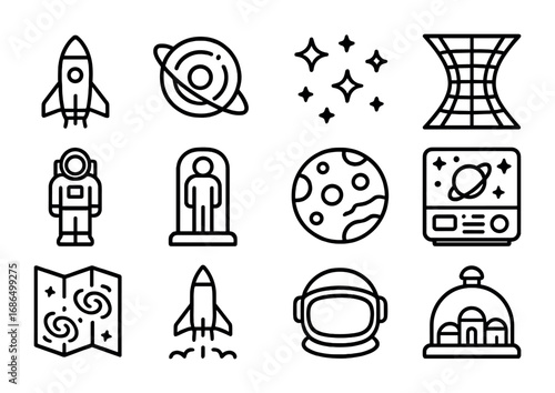 Interstellar Icon Set. Outline icon set of interstellar travel hopes: spaceship, warp drive icon, star cluster