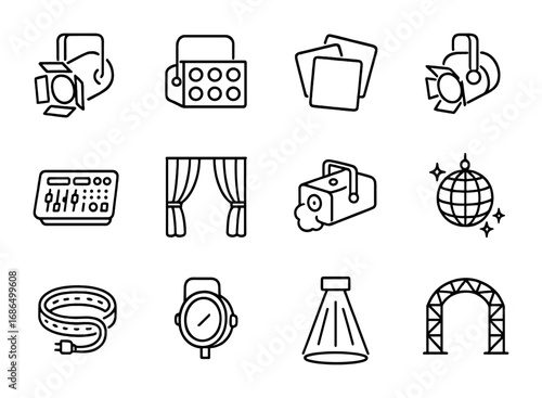Stage Lighting Icons. Outline icon set of stage lighting and effects: spotlight, floodlight, colored gels,