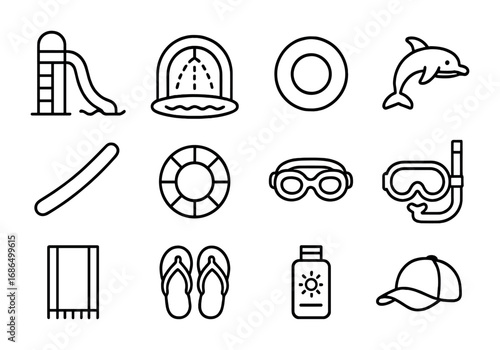 Kids' Water Play Icons. Outline icon set of kids’ water play: water slide, splash pad, float ring, inflatable