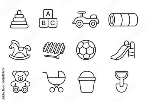 Toddler Toy Icons. Outline icon set of toddler backyard toys: stacking rings, toy blocks, ride-on car, play