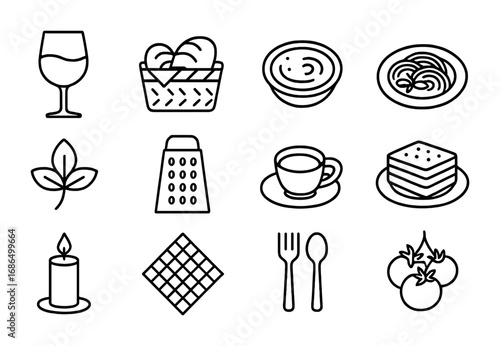 Italian Dining Icons. Outline icon set of Italian dining experience: wine glass, bread basket, olive oil dip,