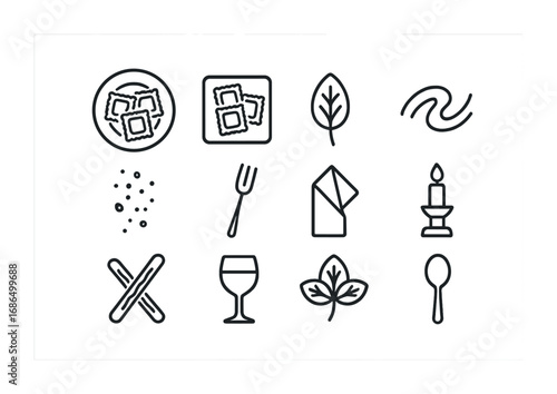 Ravioli Plating Icons. Outline icon set of ravioli plating aesthetics: round plate, square dish, garnish leaf,