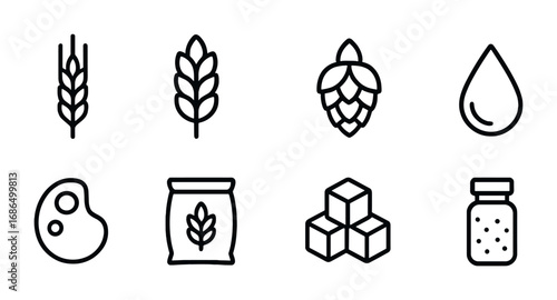 Beer Ingredient Icons. Outline icon set of beer ingredients: barley, wheat, hop cone, water droplet, yeast